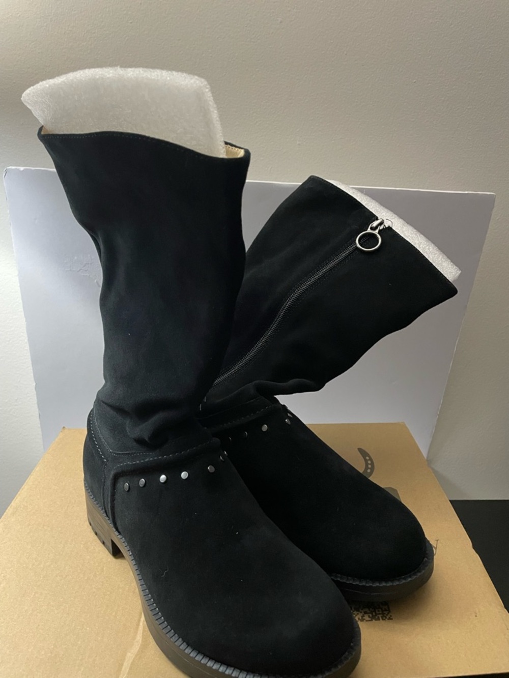 Black Suede Mid-Calf Winter Boots with Side Zipper and Stud Accents